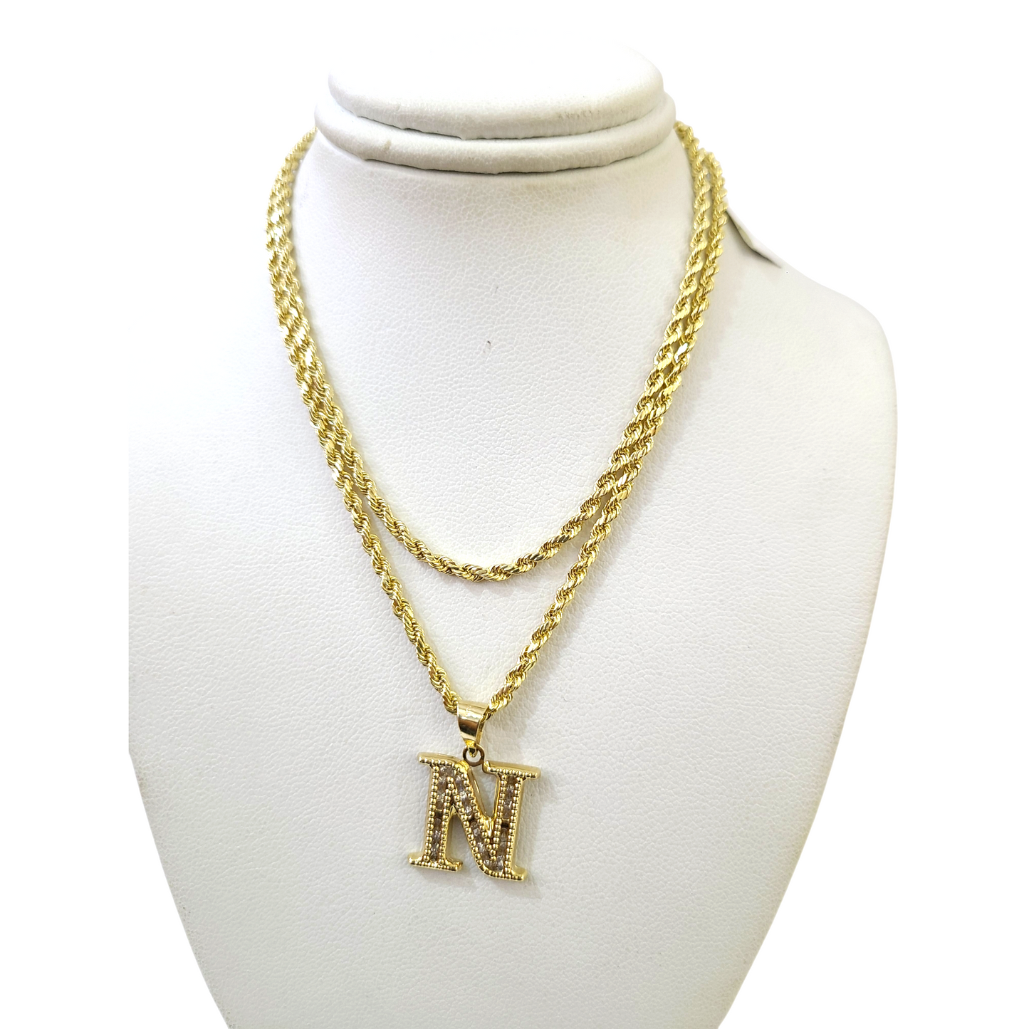 10k 2.5mm Rope Chain N Initial Alphabet Pendant 16"-28" Gold Set Charm Necklace