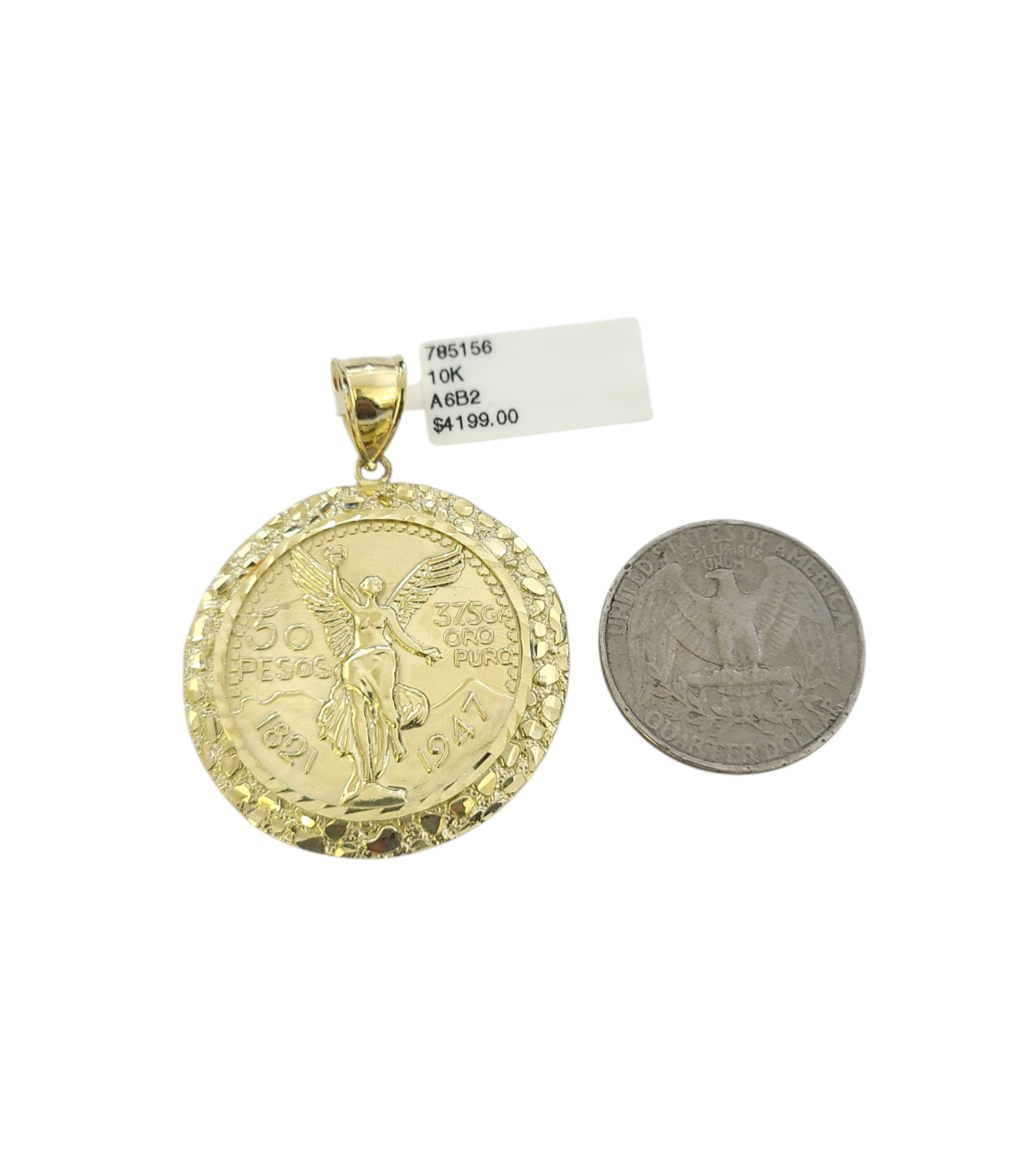 Real 10k Yellow Gold Nugget Centenario Coin Pendant Charm 2 inch 50 Pesos 1947