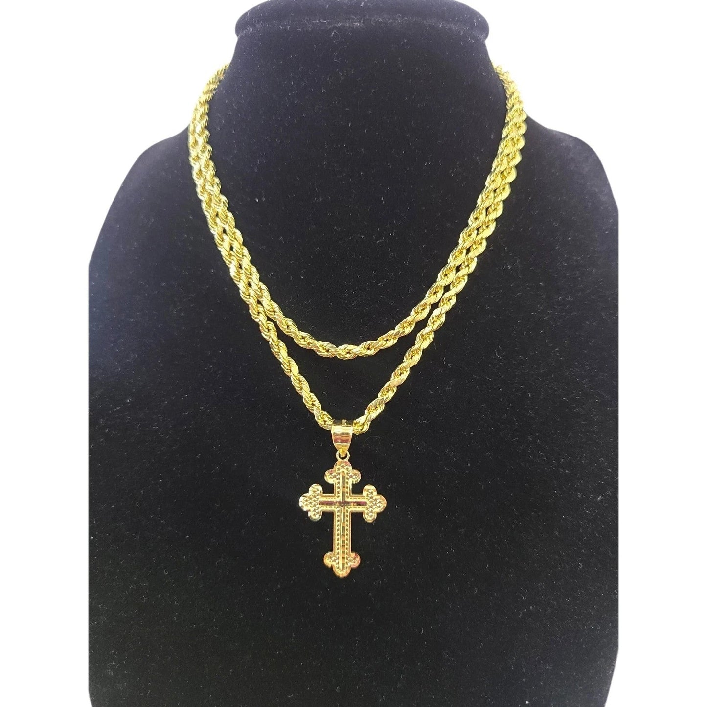 10K Gold 3mm Rope Chain Filigree Cross Pendant Charm Necklace Set 18"-28" Unisex