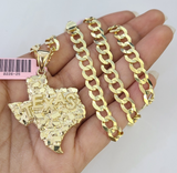 Real 14k Solid Gold Chain Nugget Texas Pendant Set Cuban Curb Chain 6mm Charm