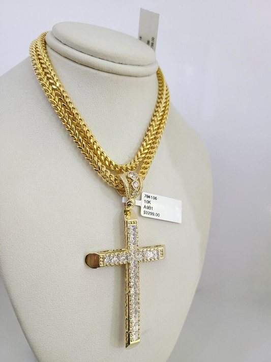 10k Yellow Gold Franco Chain Jesus Cross Charm Pendant 4mm 18-28 Inch Necklace