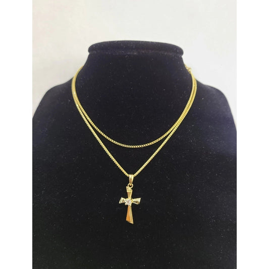 10k Gold Franco Chain Necklace Cz Stone Cross Charm 1mm 16-22 Inches Womens
