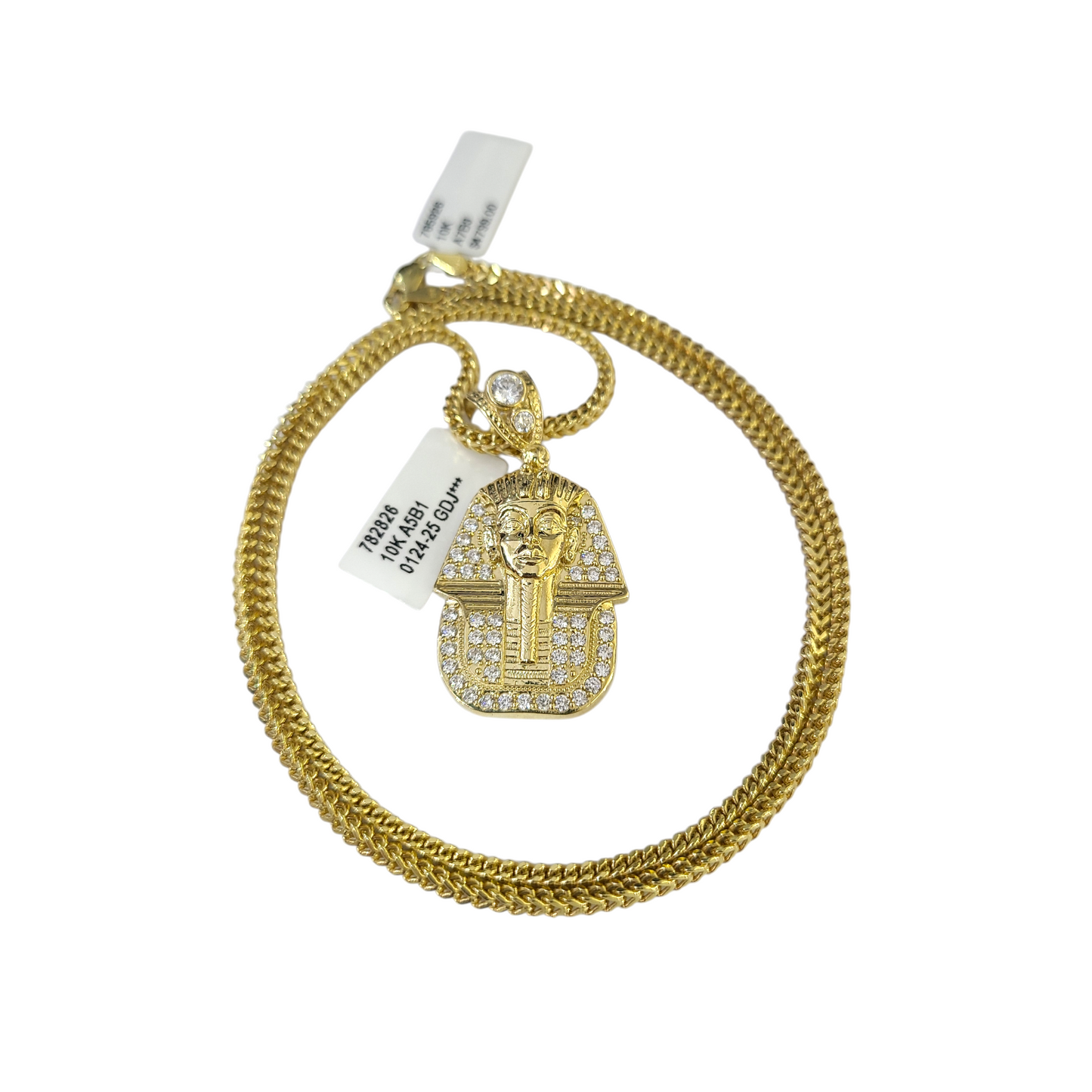Real 10k Gold Franco Chain Pharaoh Head Charm Pendant Necklace SET 2.5mm 18"-26"