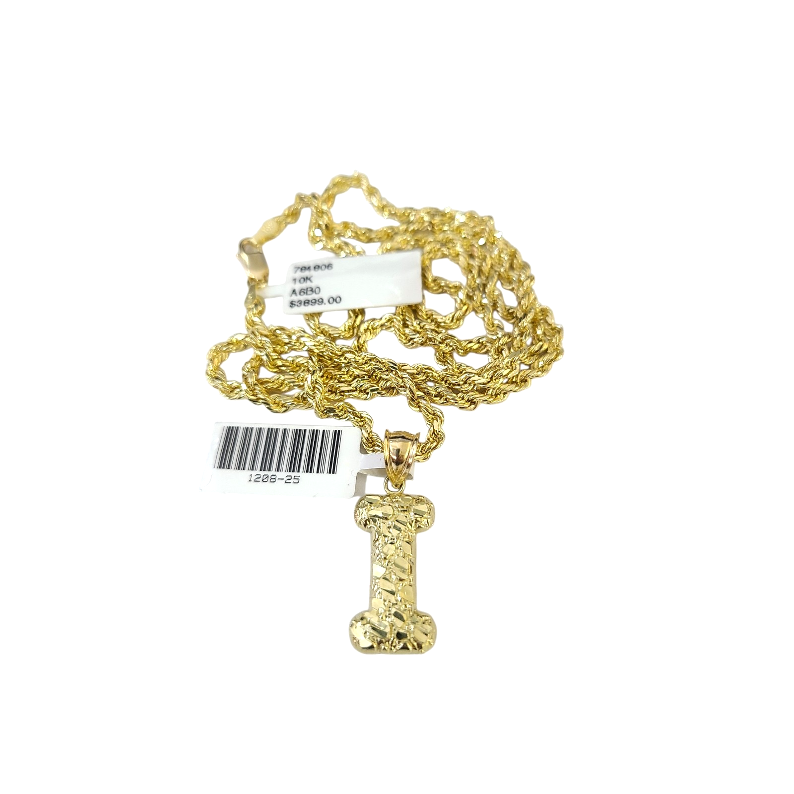 Real 10k Rope Chain Necklace Nugget I Initial Charm Set 3mm 18"-28" Pendant Gold