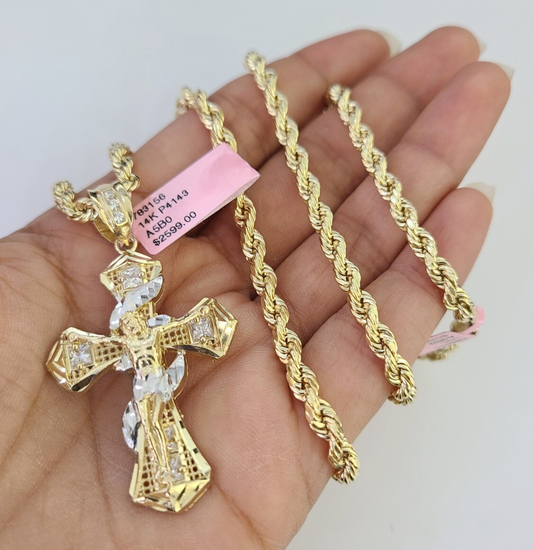 14kt Gold Rope Chain Necklace Spiral Cross Charm Pendant 20-30 Inch 4mm