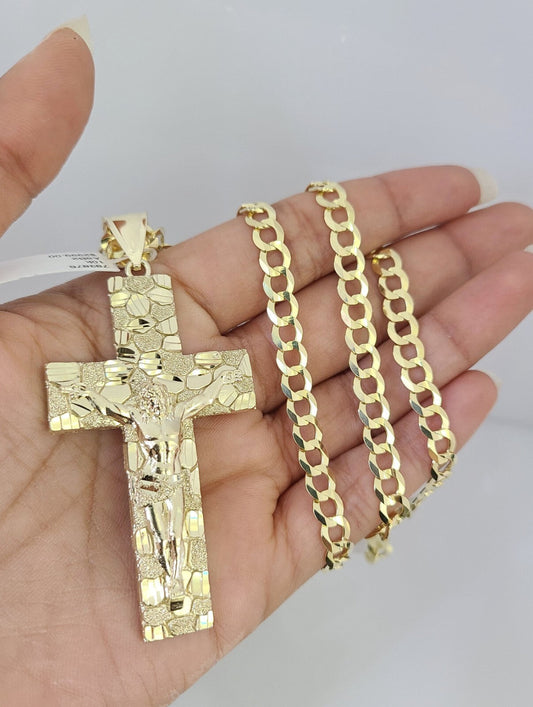 10k Gold Solid Cuban Curb Chain Necklace Nugget Cross Pendant Set 6mm 20"-30"
