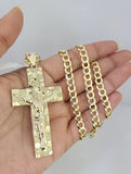 10k Gold Solid Cuban Curb Chain Necklace Nugget Cross Pendant Set 6mm 20"-30"