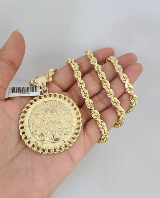 10kt Gold Solid Rope Chain Last Supper Charm Set 18"-30'' Inch 6mm Pendant