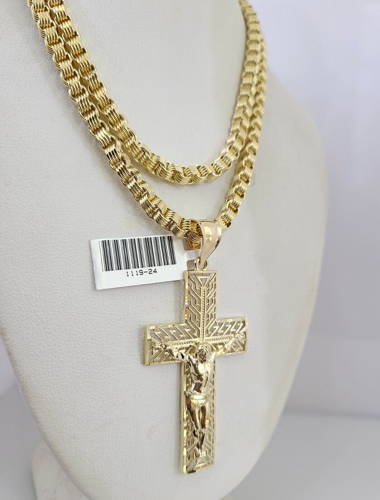 Real 10k Gold Byzantine Necklace Jesus Cross Charm SET Chain 20"-30" 4mm
