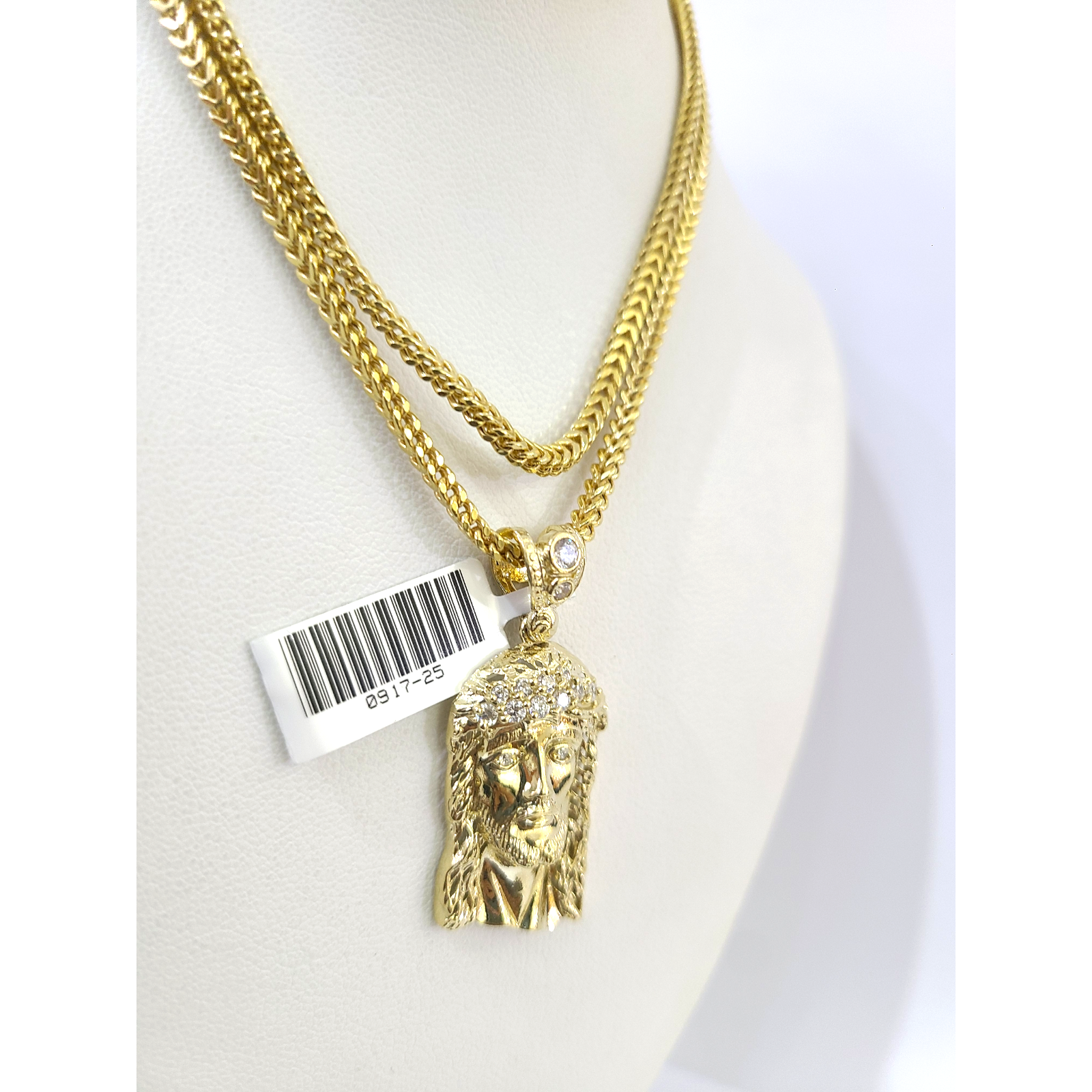 Real 10k Gold Franco Chain Christ Head Charm Pendant Necklace SET 2.5mm 18"-26"
