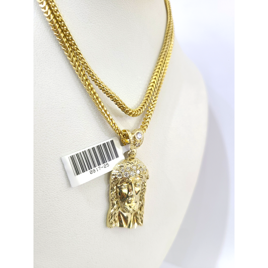 Real 10k Gold Franco Chain Christ Head Charm Pendant Necklace SET 2.5mm 18"-26"