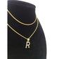 10K Gold Solid Franco Chain R Initial CZ Stone Pendant Set 1mm 16 18 20 22 Women