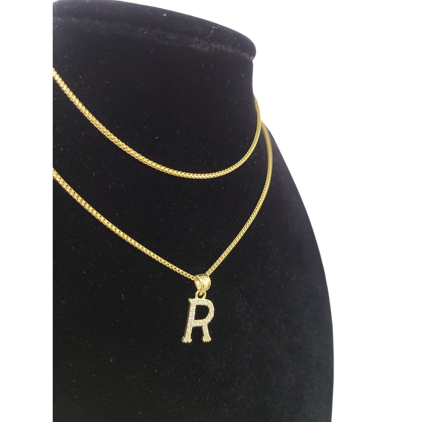 10K Gold Solid Franco Chain R Initial CZ Stone Pendant Set 1mm 16 18 20 22 Women