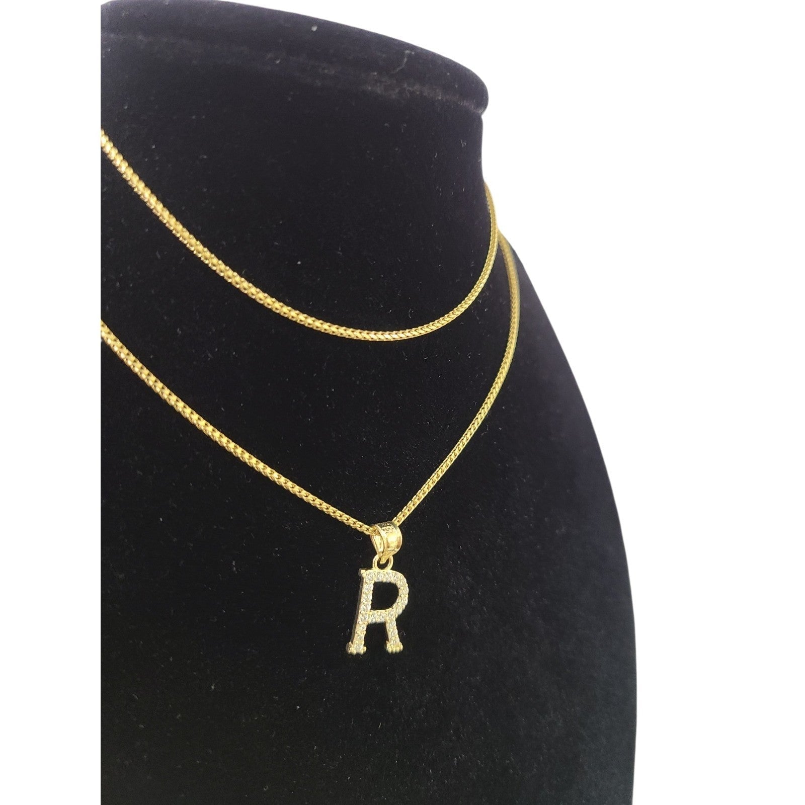 10K Gold Solid Franco Chain R Initial CZ Stone Pendant Set 1mm 16 18 20 22 Women