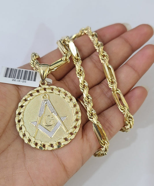 Real 10k Milano Rope Chain Masonic Charm Necklace SET 5mm 18"-28" Pendant