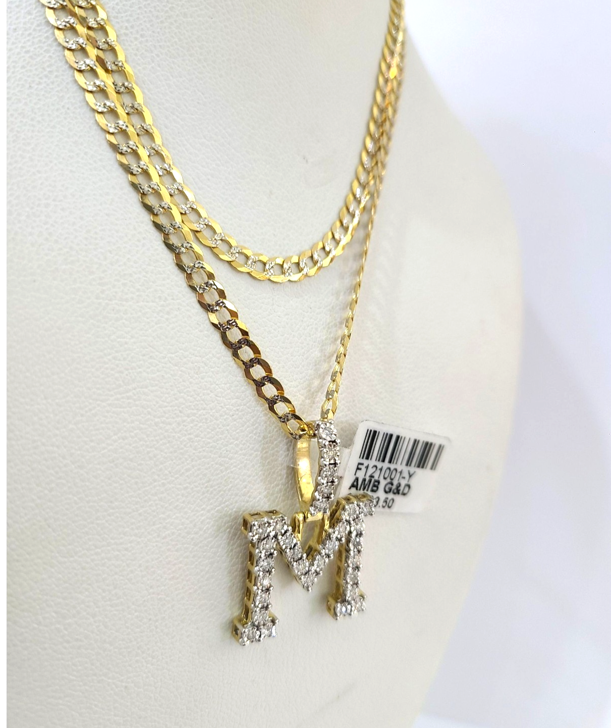 10k Gold Chain Necklace M Diamond Initial Pendant Set Cuban Curb 3mm 20"-30"