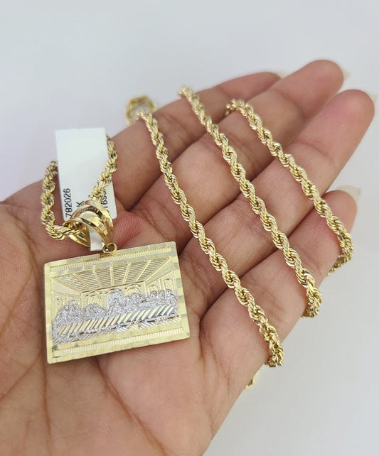REAL 10k Rope Chain Last Supper Charm Pendant 3mm Necklace Set 18"-30" in