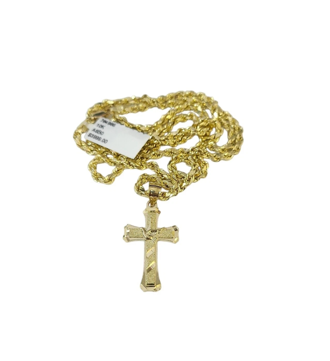 Real 10K Gold Rope Chain 3mm Religious Cross Charm Set Men Women 18"-28"