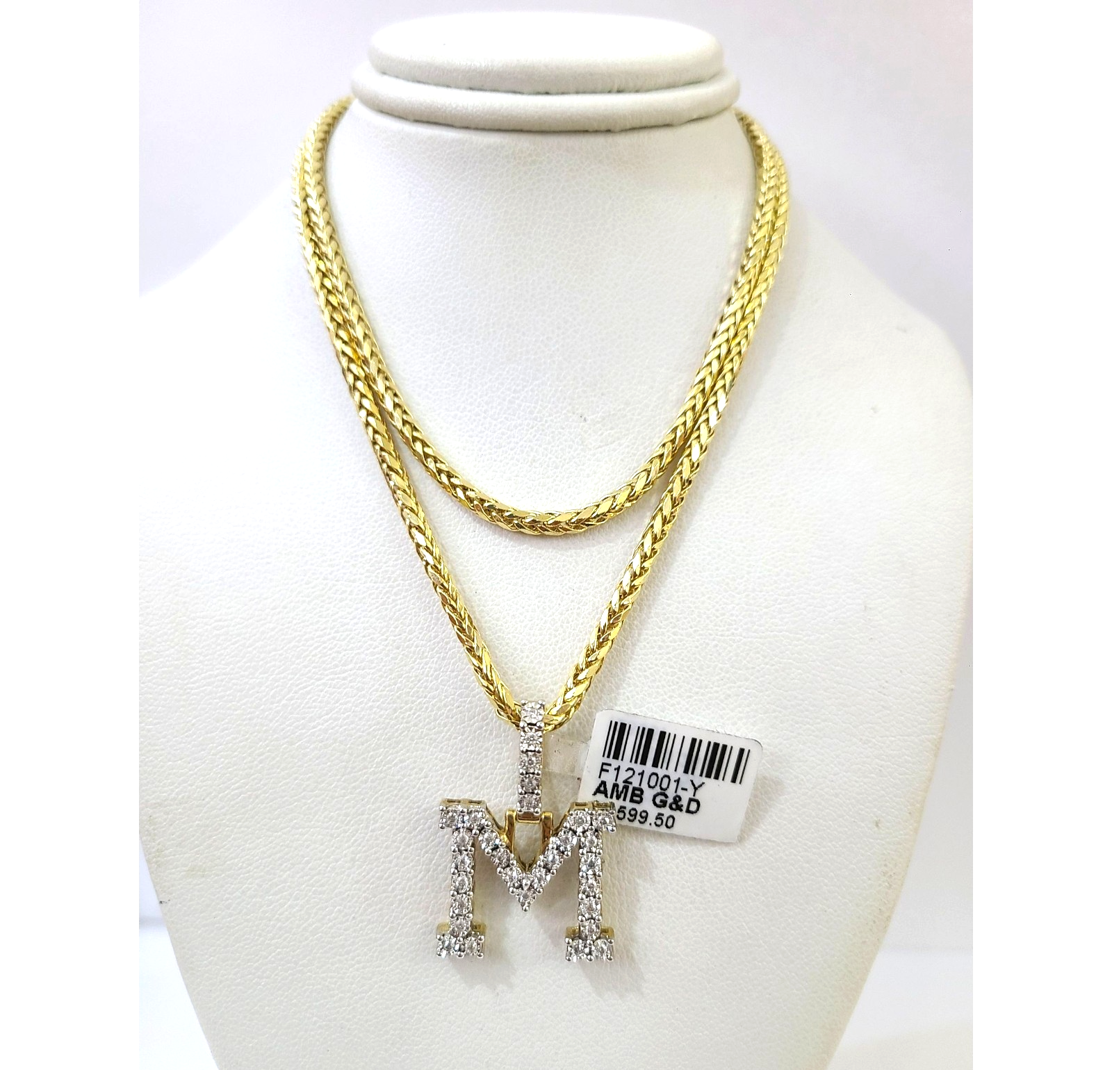 REAL 10k Yellow Gold Palm Chain M Diamond Initial Pendant Charm 3mm SET Necklace