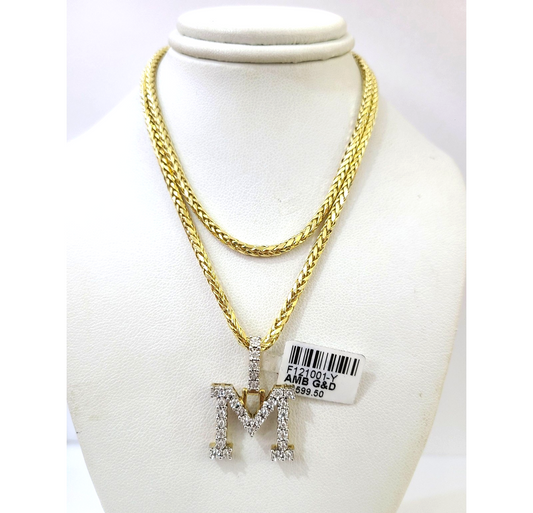 REAL 10k Yellow Gold Palm Chain M Diamond Initial Pendant Charm 3mm SET Necklace