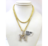 REAL 10k Yellow Gold Palm Chain M Diamond Initial Pendant Charm 3mm SET Necklace