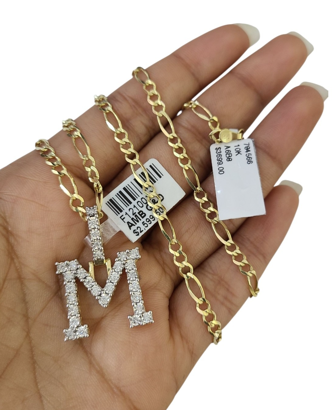 10k Gold Figaro Chain M Diamond Initial Pendant 3mm 20-28 inch SET Necklace