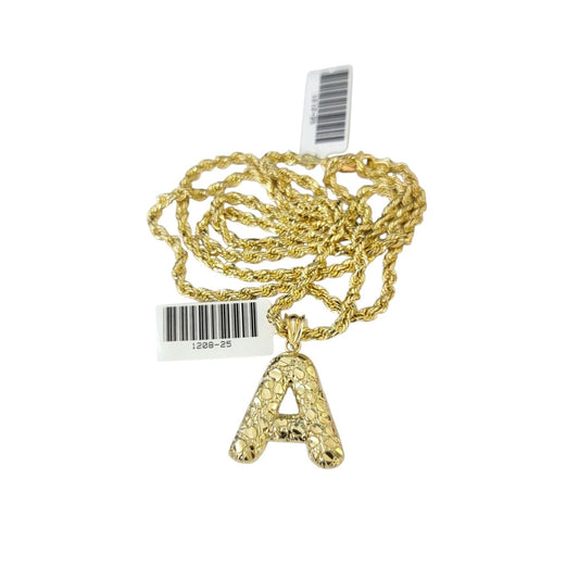 Real 10k Rope Chain Necklace Nugget A Initial Charm Pendant Set 3mm 18"-28" Gold