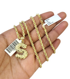 Real 10k Rope Chain S Initial Charm 3mm 18"-28" Necklace Nugget Set Pendant Gold