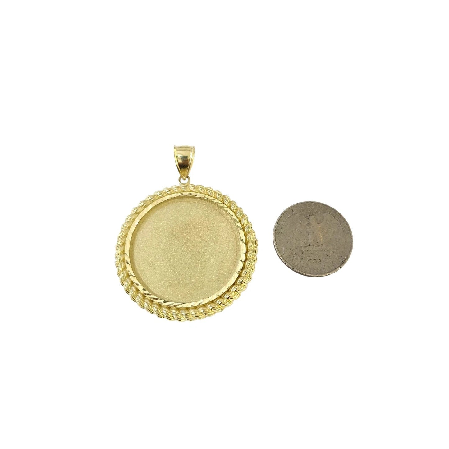 10K Gold Photo Frame Pendant Charm Round Rope Edge Mens Diamond Cut Style