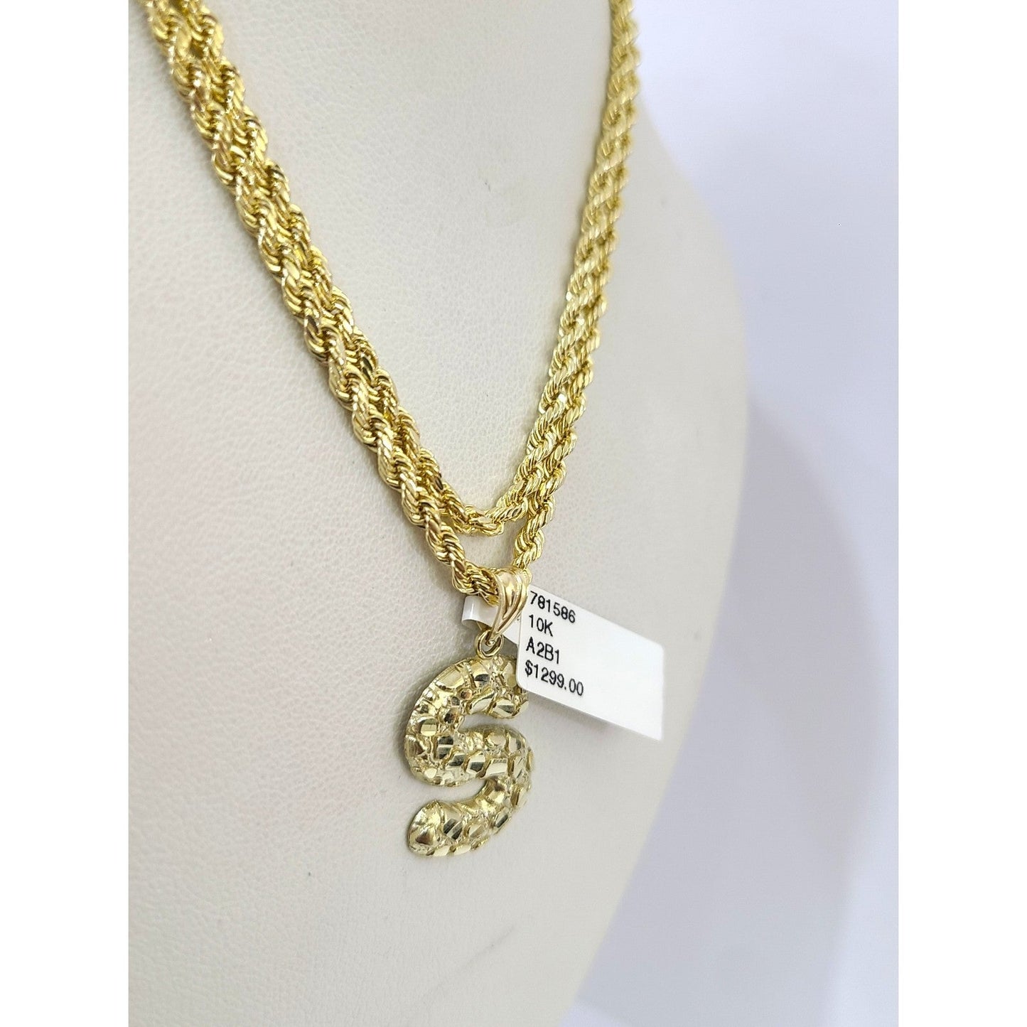 Real 10k Rope Chain S Initial Charm 3mm 18"-28" Necklace Nugget Set Pendant Gold