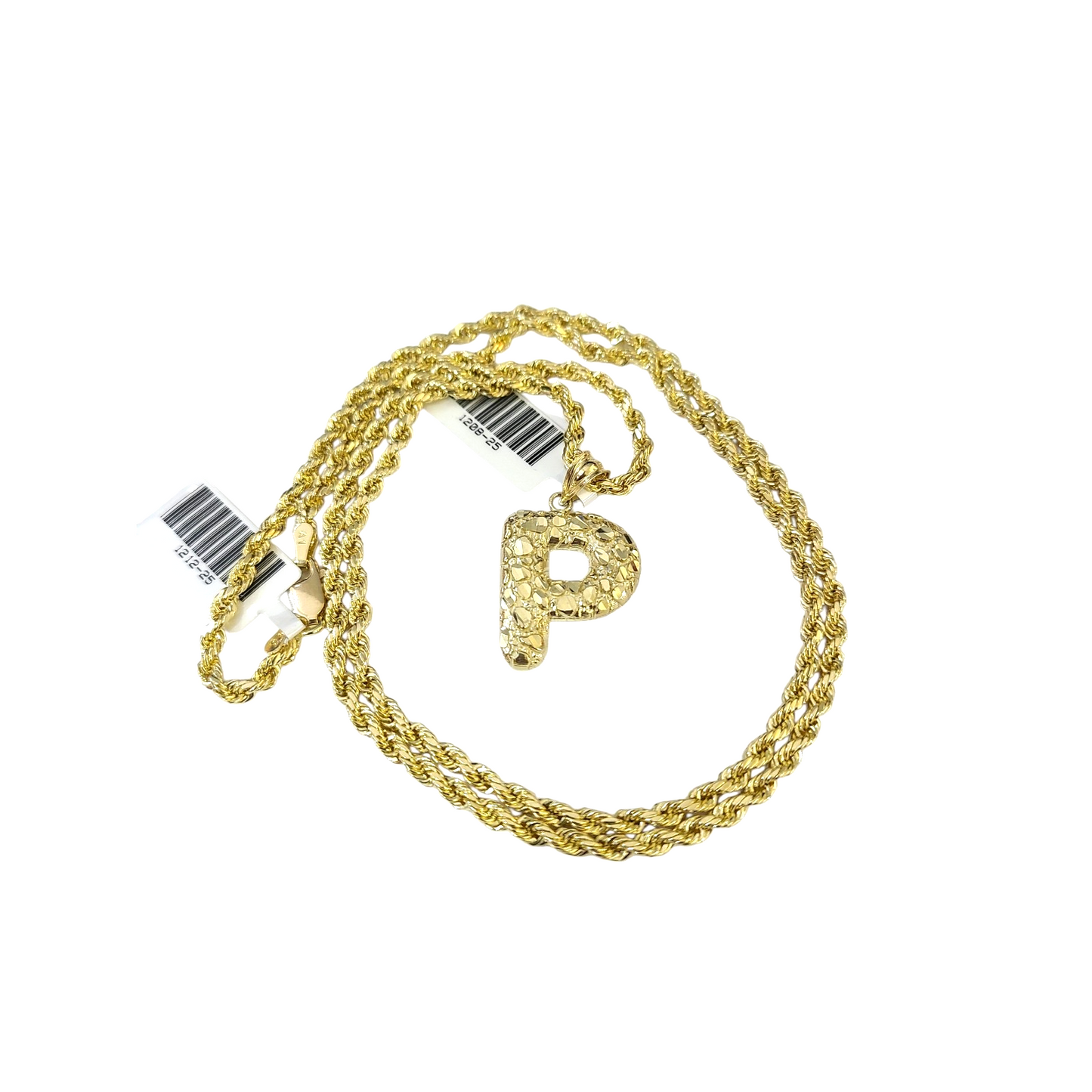 Real 10k Rope Chain P Initial Charm 3mm 18"-28" Necklace Nugget Set Pendant Gold