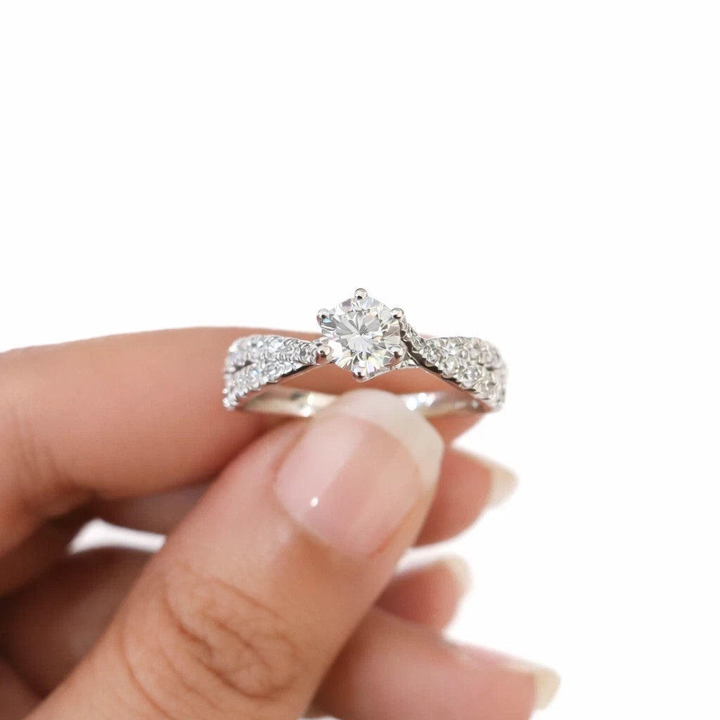 14k White Gold Round Pave Ring LAB Created Diamonds Wedding Ladies Band Women