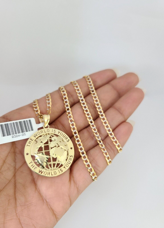 10k Gold Solid Cuban Curb Chain World is Yours Pendant Set 3mm 18"-26" Necklace