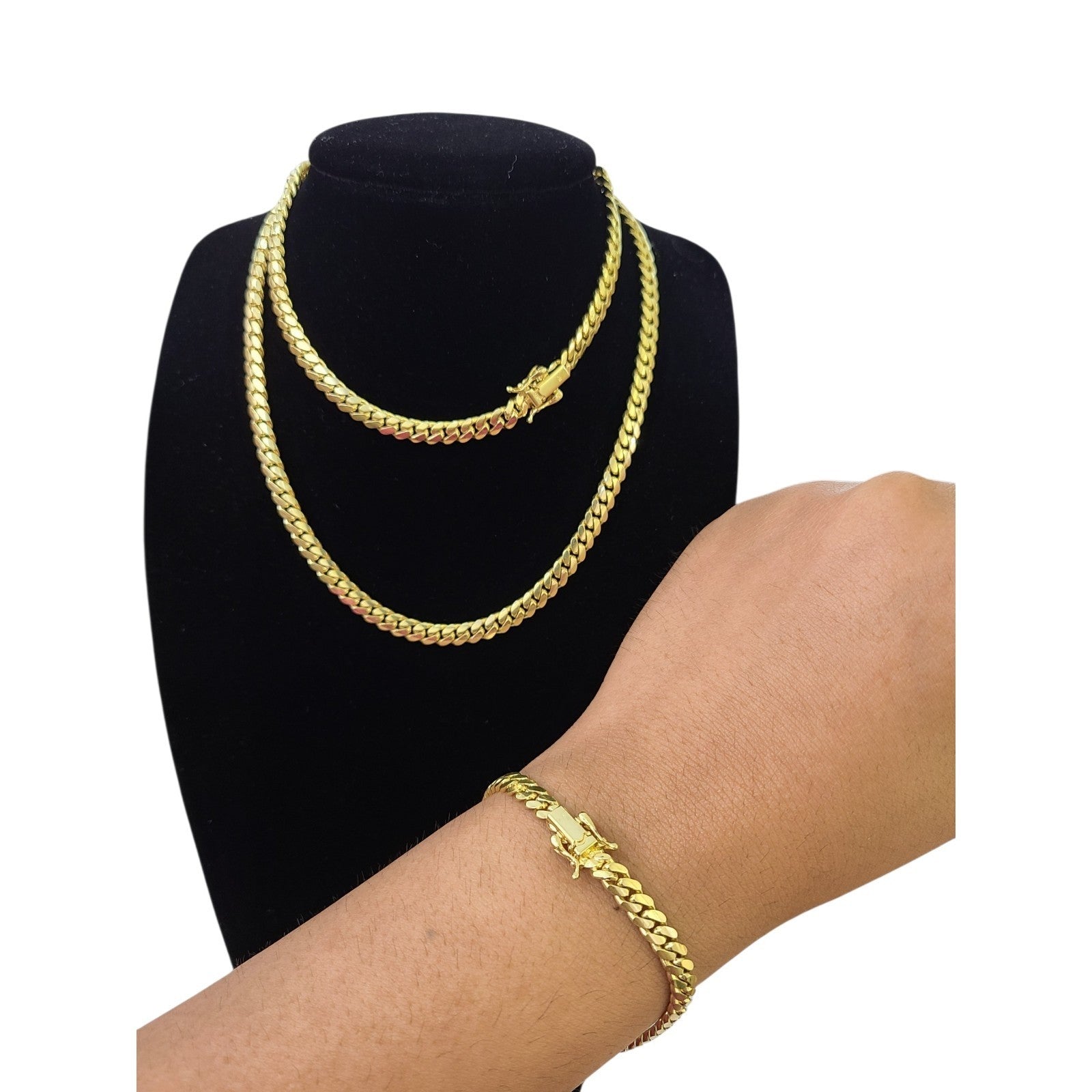 10k Solid Gold Miami Cuban Chain Bracelet Set 5mm Men Women Necklace Real