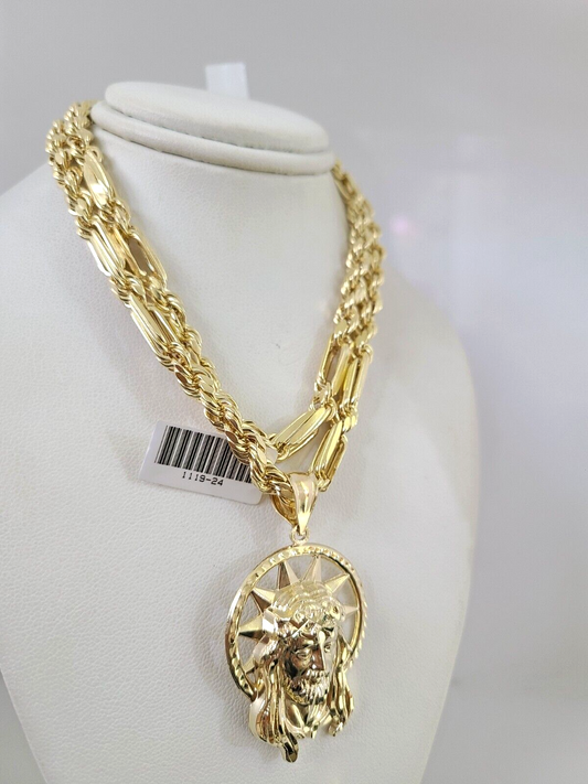 10k Gold Milano Rope Chain Jesus Head Charm 6mm Set 20"-26'' Inches Necklace