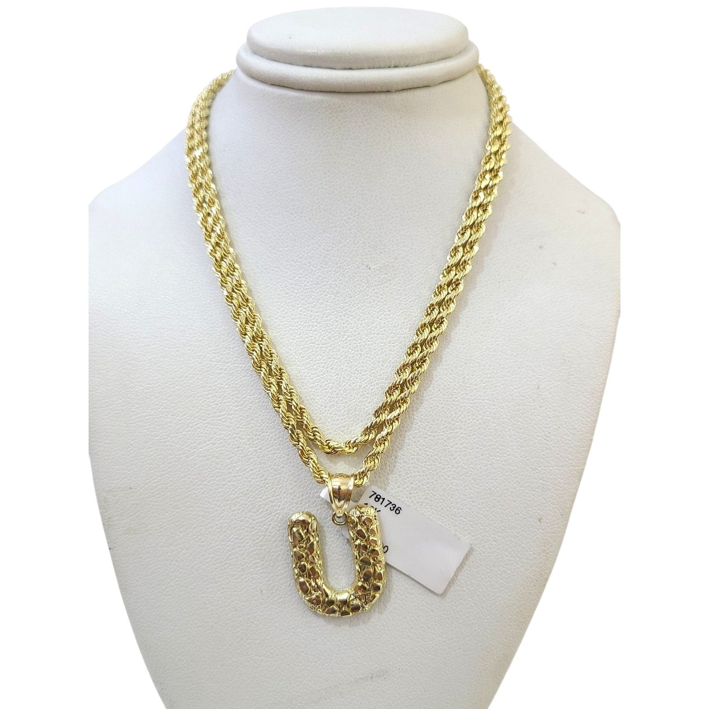 Real 10k Rope Chain U Initial Charm 3mm 18"-28" Necklace Nugget Set Pendant Gold