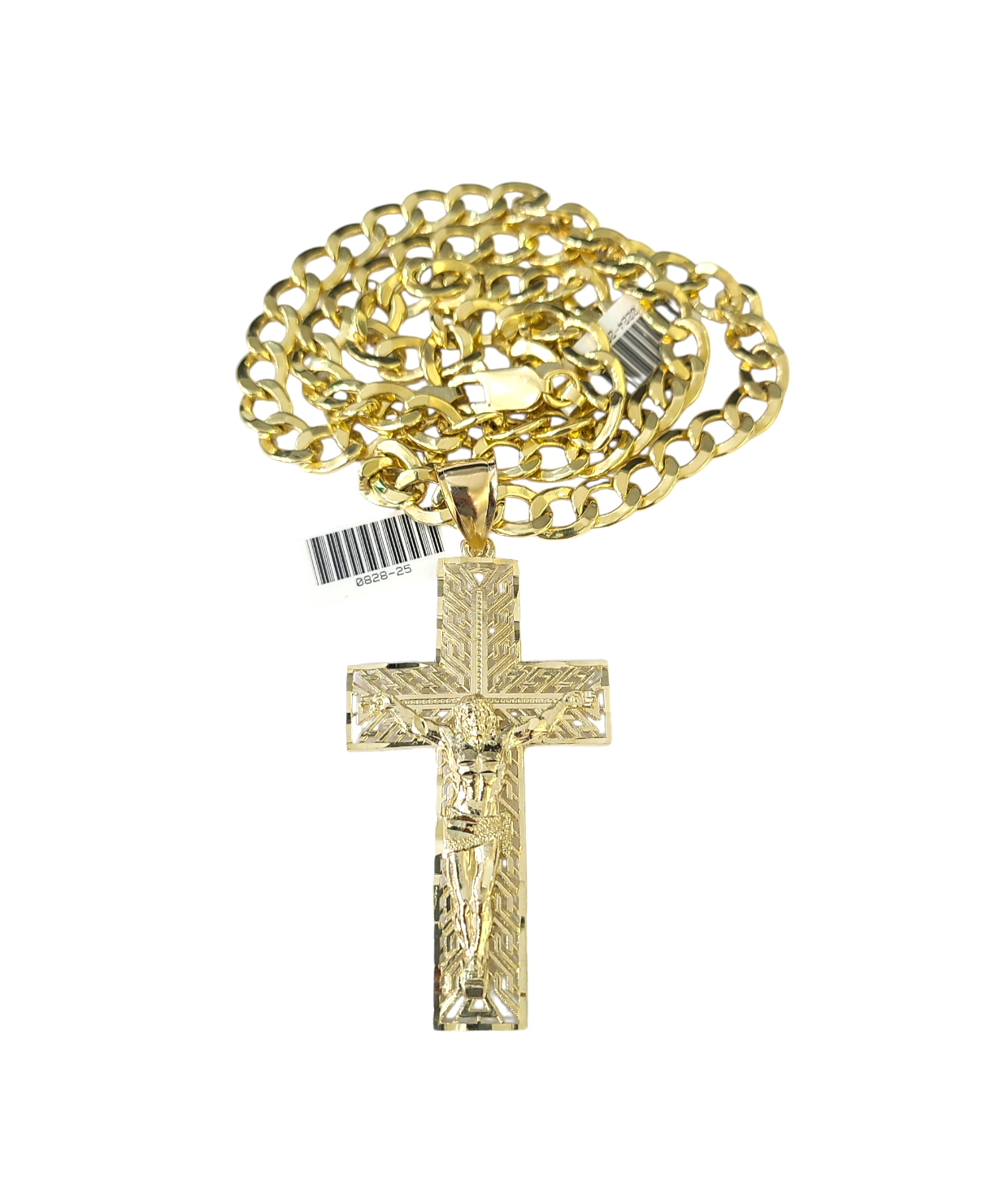 10k Yellow Gold Cuban Curb Chain Holy Cross Pendant SET Charm 8mm Necklace Men