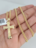 10k Gold Miami Cuban Chain Jesus Cross Charm Pendant 3mm 18-28 Inch Necklace Set