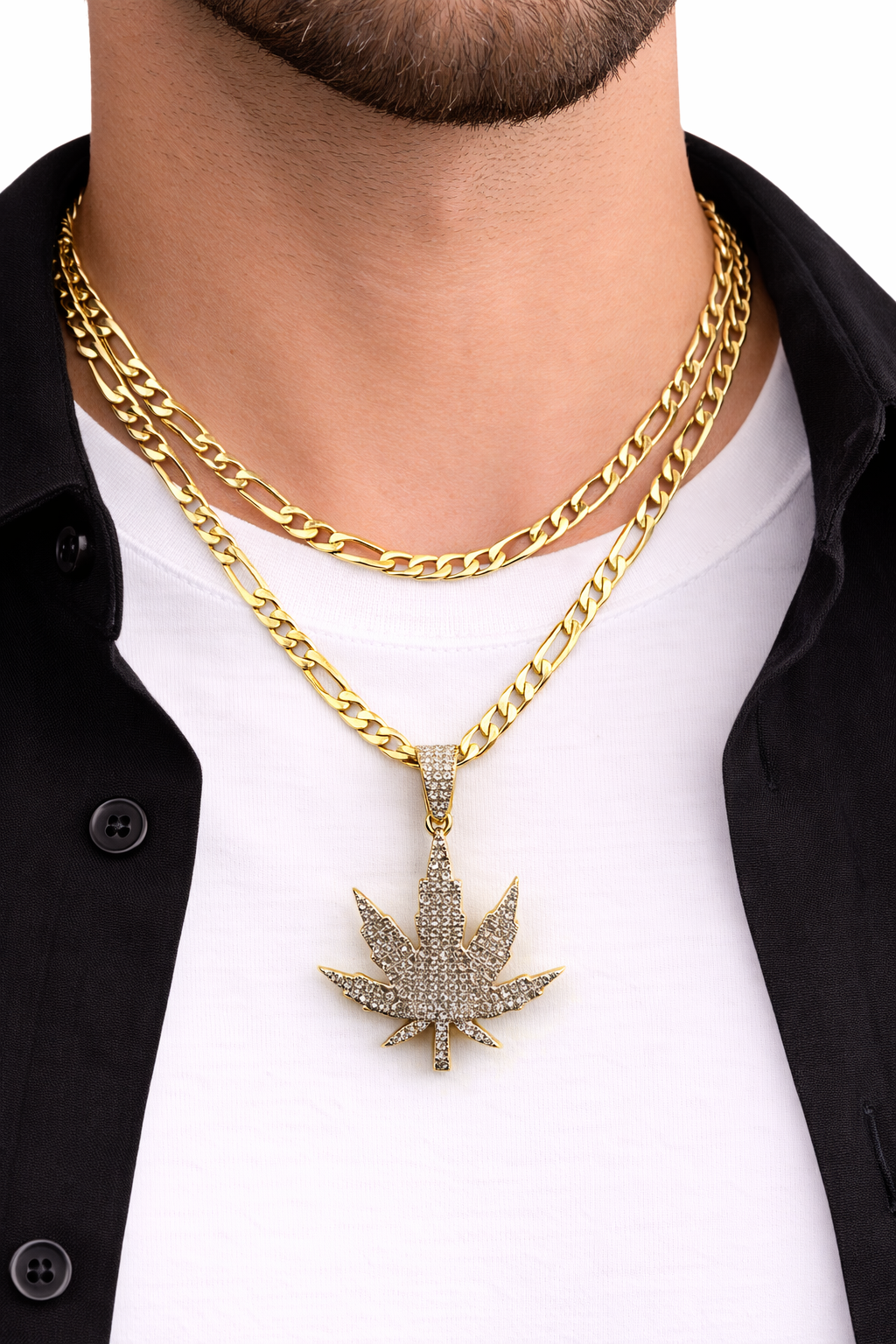 Real 10k Solid Figaro Chain Leaf Diamond Charm Necklace SET 4mm 22" Pendant