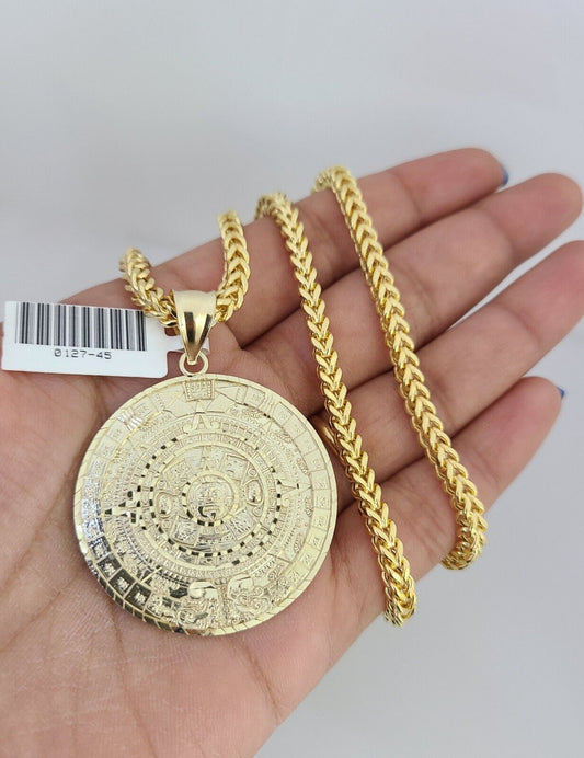 10k Yellow Gold Franco Chain Mayan Calendar Charm 4mm 18-28 Inches Necklace