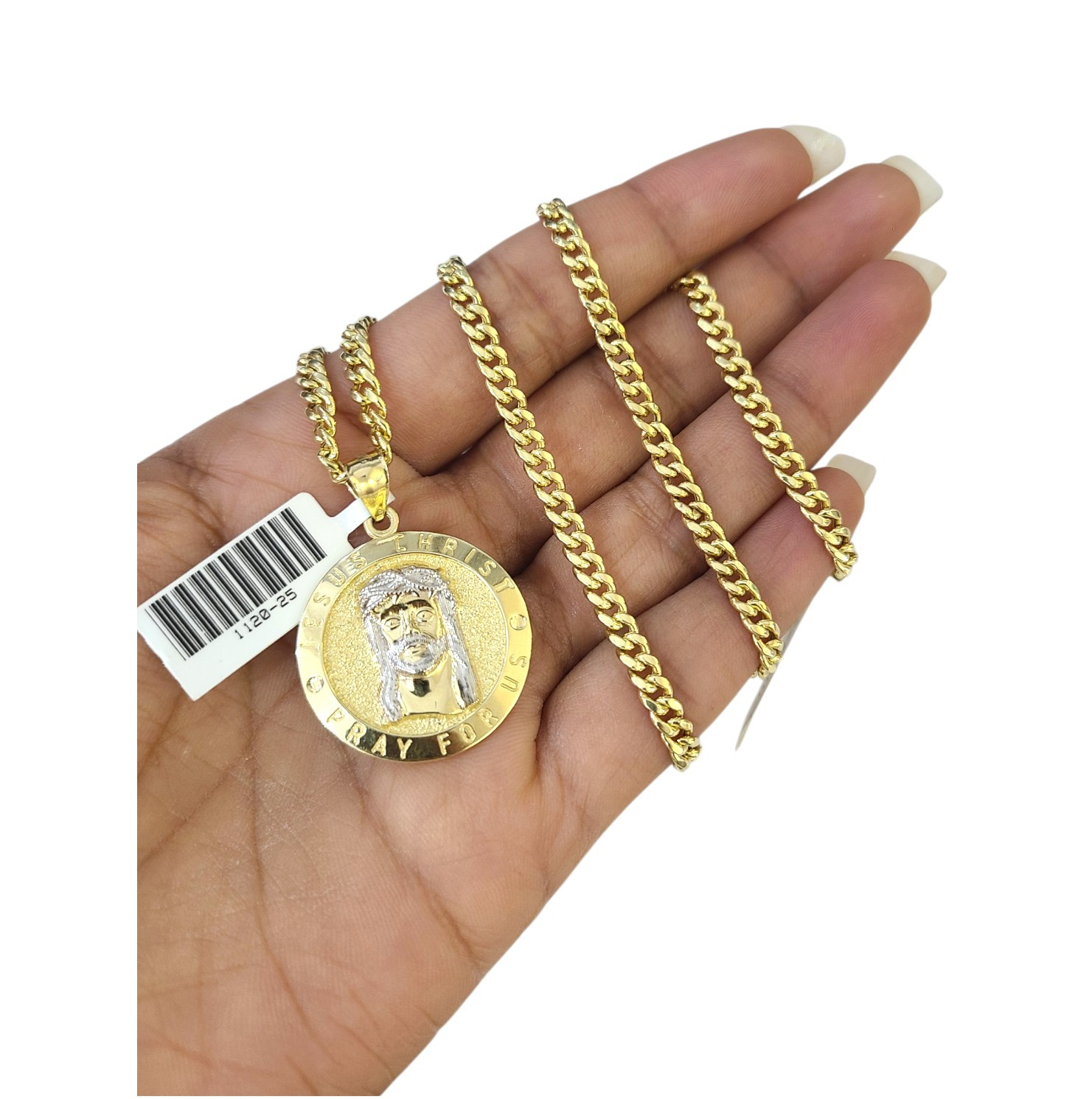 10K Gold Miami Cuban Chain Jesus Christ 20"-28" 3mm Pendant Necklace SET