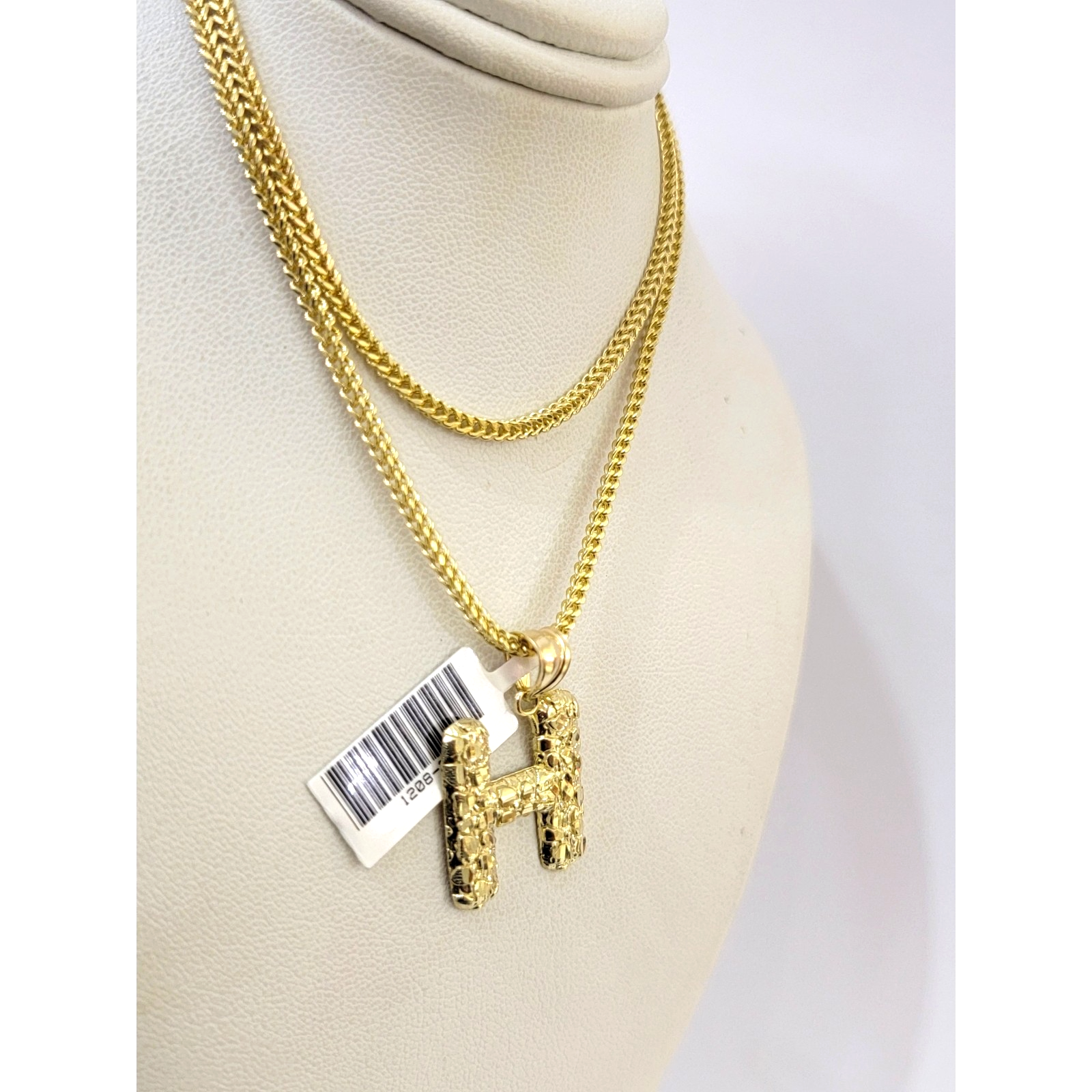10k Gold Franco Chain H Nugget Initial Charm Pendant Necklace SET 2.5mm 16"-26"