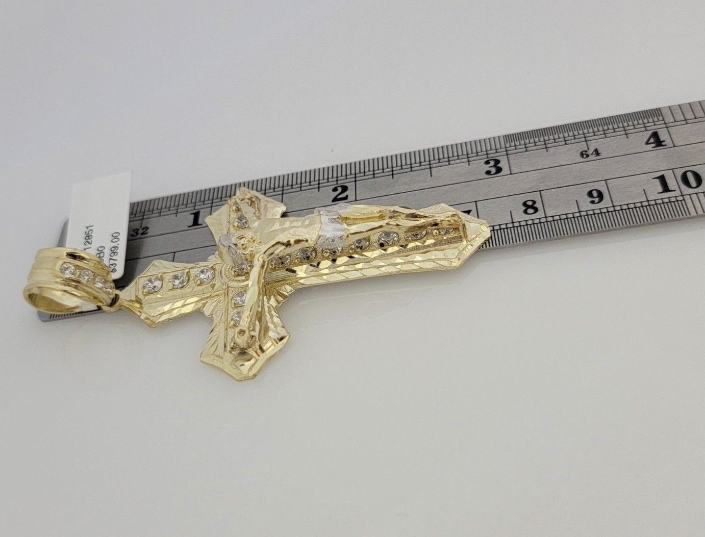 10k Yellow Gold Jesus Cross Charm Pendant 2.75 Inch Real 10kt With Stones