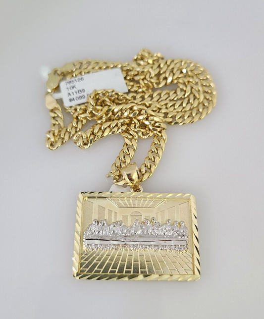 10kt Gold Miami Cuban Chain Last Supper Charm Pendant 5mm 18-28 Inch Necklace