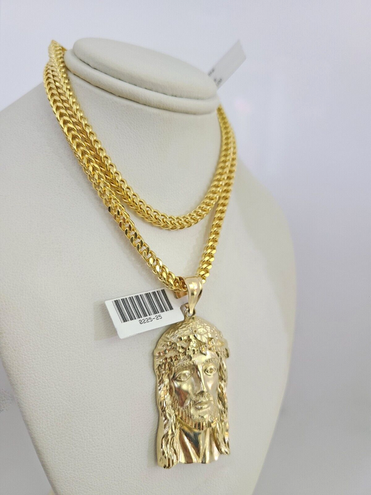 10k Yellow Gold Franco Chain Jesus Head Charm Pendant 4mm 18-28 Inches Necklace