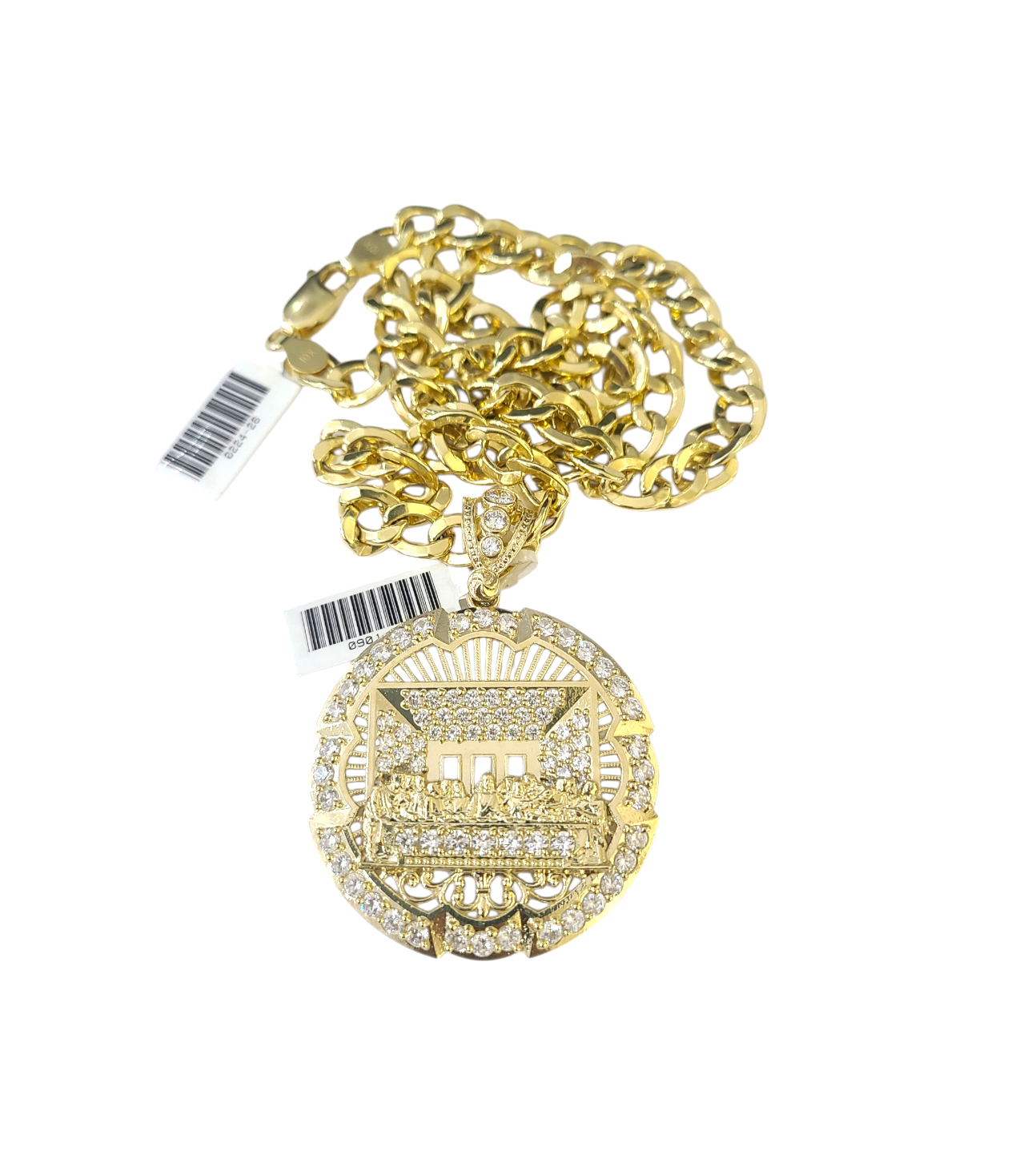 10k Yellow Gold Cuban Curb Chain SET Last Supper Pendant Charm 8mm Necklace Men