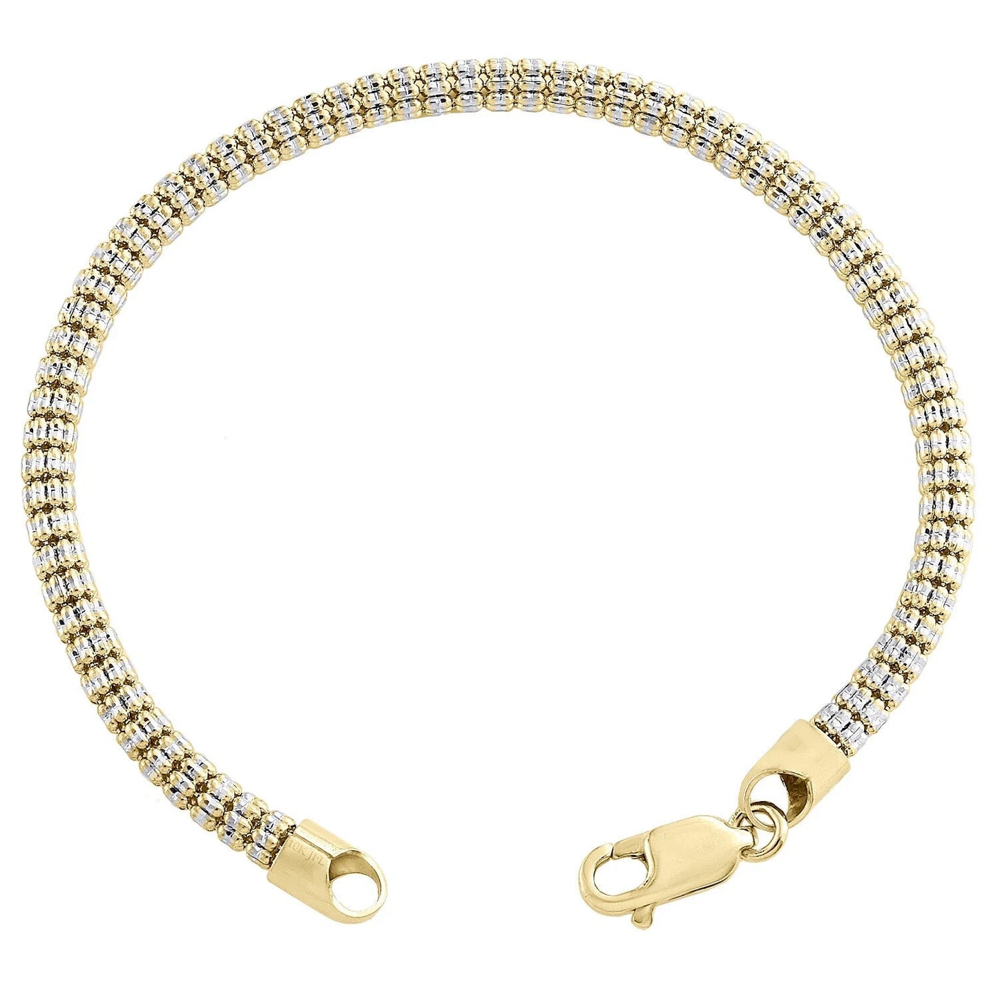 10K Yellow White Gold Two Tone 4mm Diamond Cut Ice Bead Link Bracelet 8 Inches