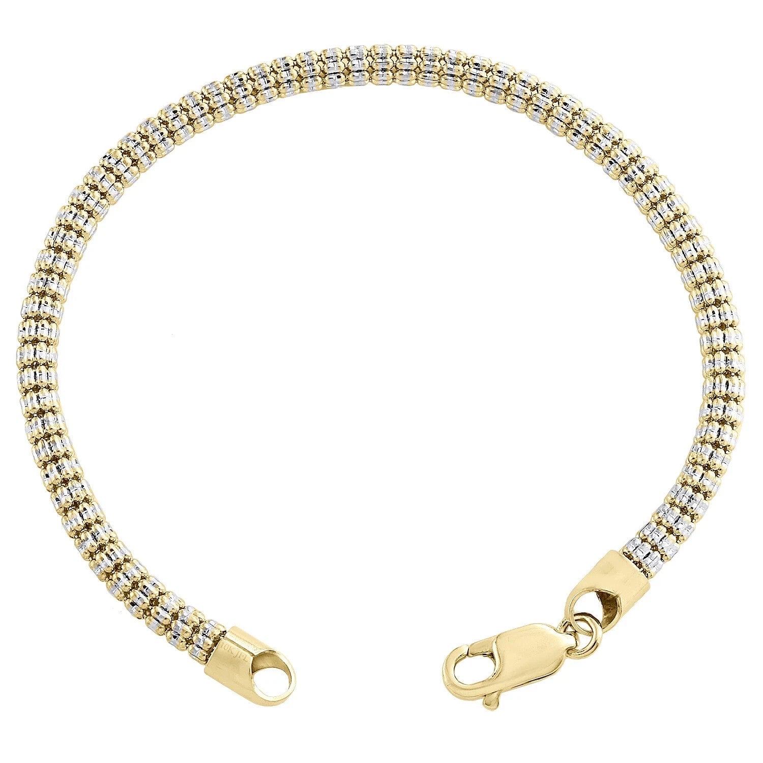 10K Yellow White Gold Two Tone 4mm Diamond Cut Ice Bead Link Bracelet 8 Inches