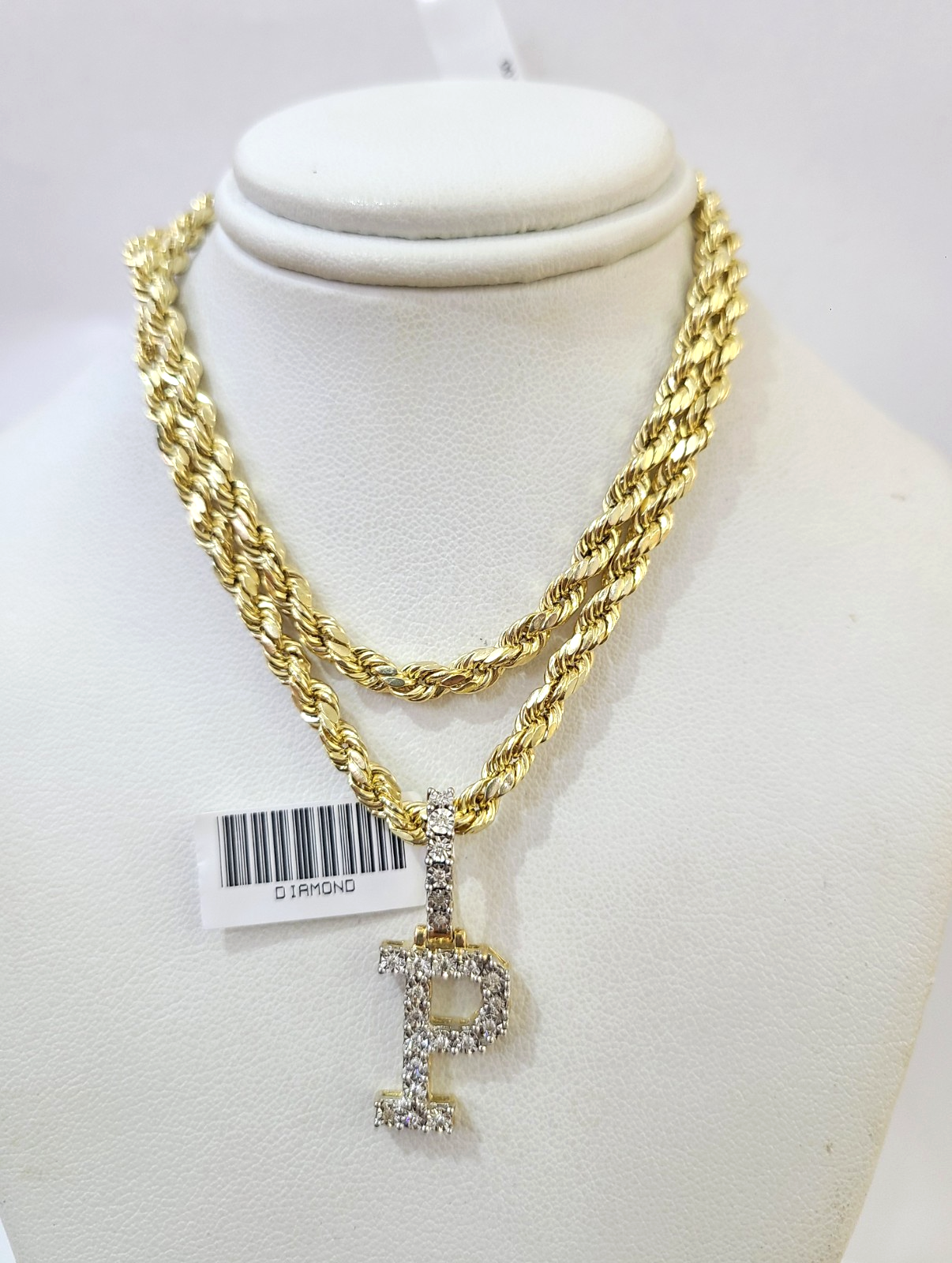 10k Rope Chain P Diamond Initial Charm Necklace Pendant Set 4mm 20"-30" Gold