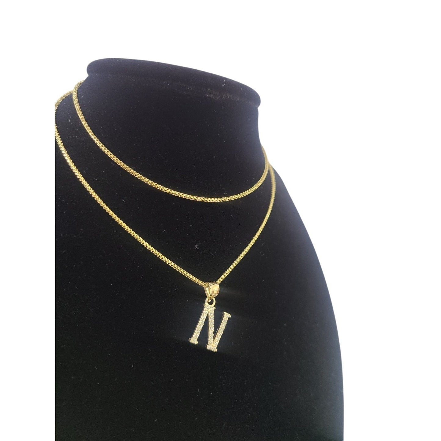 10K Gold Solid Franco Chain N Initial CZ Stone Pendant Set 1mm 16 18 20 22 Women